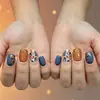 Item de venda quente no comércio exterior 24 peças arte de unha Ação de Graças abóbora azul escuro folhas laranja glitter artesanato unhas curtas quadradas usáveis atacado