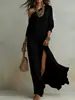 Vestido de punto plisado con abertura de manga larga elegante para mujer, sitio web independiente transfronterizo europeo y americano, verano 2026