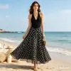 Comercio Exterior Transfronterizo Ropa de Mujer al por Mayor Moda Chica Atractiva Vestido de Chifón con Lunares y Retazos Cuello Halter Estilo Vacacional Vestido Largo