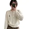 Cardigan de Tricô Bordado com Filhotes 100% Lã para Mulheres, Novo Outono/Inverno 2026 Casaco Suéter Solto Emagrecedor