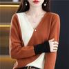 Suéter 2024 Gola V Botão Diagonal Estilo Francês Outono Novo Manga Longa Solto Emagrecedor Camisa Básica para Mulheres Caimento Solto Estilo Preguiçoso