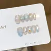 Uñas Postizas Wearables Hechas a Mano de Primera Calidad Estilo Océano de Verano con Gato Ojo Pintado a Mano, Puntas Cortas