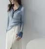 Ss Studio Pulôver Cinza Contrastante Malha de Lã Tricô Feminino Outono e Inverno Manga Longa Camisa Base Top