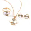 Conjunto de Joias Trevo de Quatro Folhas de Diamante Transfronteiriço Personalizado Costura Coração a Coração Flor de Quatro Folhas Colar Anel Brincos Conjunto de 3 Peças