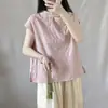 Nueva camisa de jacquard de algodón y lino sin mangas estilo vintage para mujer, corte holgado con tapeta diagonal y cierre de botones, top corto tipo jersey para mujer