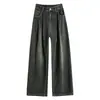 Jeans de Pierna Ancha con Forro de Polar Color Gris Cemento para Mujer Otoño e Invierno 2024 Nuevos Pantalones Rectos Gruesos de Cintura Alta que Cubren la Cadera Estilo Retro