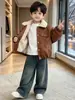 2527 Chaqueta de Cuero Gruesa de Invierno para Niños con Cuello de Piel Forrada de Terciopelo 2026 Nueva Chaqueta Infantil Estilo Coreano Ropa de Abrigo Cálida de Invierno