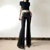 Calça Flare Longa Estilo Punk Metálico Design de Nicho Versátil Emagrecedora Cintura Alta para Mulheres
