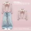 Conjunto de Primavera y Otoño para Niñas: Conjunto de Dos Piezas Estilo Dulce y Lindo con Top de Manga Larga tipo Polo con Lazo y Jeans con Estampado de Estrellas