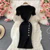 Elegante vestido de punto ajustado y elástico con botones, cuello redondo, estilo retro de Hong Kong, para mujer, estilo coreano, seda helada, con abertura