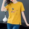 [100 algodão] Camiseta estampada de manga curta de algodão fino verão 2024 para meninas, gola redonda, pulôver casual, camisa de base dividida