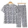 Conjunto de Algodão e Seda para Mãe, Mulheres de Meia-Idade e Idosas, Pijama de Verão, Blusa Cardigan de Manga Curta para Avó, Algodão Artificial para Senhoras Idosas