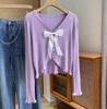 Cárdigan Corto de Punto con Cuello en V y Lazo para Mujer Primavera Estilo Transfronterizo Nuevo Estilo Coreano Top Ajustado de Manga Larga Trendy