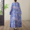 Foto Real de Vestido Longo Estampado de Algodão e Linho para Comércio Exterior, Gola Redonda, Soltinho, Plus Size, Manga Longa, para Mulheres Plus Size, Adequado para Férias