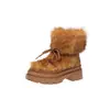 Botas de Nieve Antideslizantes Peludas con Tacón Grueso de 4 cm para Mujer 2025 Invierno Nuevo Estilo Felpa Engrosada Zapatos de Algodón de Suela Gruesa Botines Cortos con Cordones