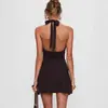 Vestido Curto Sexy Moda Verão Nova Estilo Europeu e Americano Cor Sólida Decote V Franzido Alça no Pescoço Costas Abertas Slim