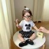 Roupas de verão para meninas, estilo coreano, camiseta com laço fofo, camisa básica de cor doce para meninas, blusa infantil de meia manga