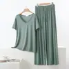 Conjunto de Dos Piezas para Mujer de Verano, Delgado, Manga Corta, Pantalones de Nueve Cuartos, Color Sólido, Elástico, Holgado, Simple, Ropa para el Hogar
