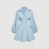 Vestido de Color Sólido Elegante Estilo Francés, Nuevo para Primavera y Otoño, con Cintura Ajustada, Mangas Abullonadas y Cuello en V, Moda para Mujer