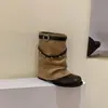 Hebilla de Cinturón con Remaches Estilo Retro Nicho Chuyuji Botas Apiladas para Mujer, Botas de Motociclista de Tacón Grueso, Botas Vaqueras Occidentales de Verano para Mujer