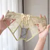 Calcinha feminina sexy e atraente com renda em formato de borboleta com sinos, alta elasticidade, design de entreaberto aberto, sem costura e estilo triângulo de cintura alta