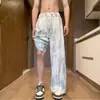 Calça preta tie-dye versátil de seda gelada, fresca, de perna larga para homens, estilo retrô americano, com efeito de caimento, calça reta estilosa e casual para primavera e verão