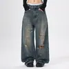 Roupas Masculinas Fengshe / Jeans rasgado moderno estilo americano para homens, calça longa vintage solta de perna reta com respingos de tinta para homens