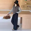 Conjunto de niña estilo coreano transfronterizo, nueva colección primavera/otoño, para niños de talla mediana y grande, con un suéter de imitación de dos piezas y pantalones de mezclilla, un conjunto de dos piezas de moda