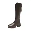 Botas largas para mujer para primavera y otoño, talla petite, punta redonda, estilo retro, botas altas de equitación, suela gruesa, abertura en forma de V, tacón grueso, botas adelgazantes