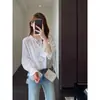 Blusa de renda com babados estilo coreano, cadarço, jacquard texturizado, decote V sutil, manga longa, modelagem solta para mulheres 26 H082110