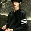 Camiseta masculina de algodão puro com mangas compridas, marca moderna estilo americano, para primavera e outono, resistente, com três listras exclusivas, moda de rua