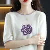 Nueva Camiseta de Lana de Manga Corta con Cuello Redondo para Mujer, Estilo Chanel Delgado, Color de Contraste, Cachemir de Media Manga, Estilo Occidental, Camelia