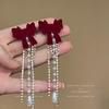 Aretes de Borla con Lazo de Terciopelo Perla Diamante Lujo Accesible Elegantes Aretes Largos Aretes de Alta Gama para Mujer