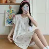 Camisola Feminina de Verão com Manga Curta, Renda na Gola Redonda, Algodão Nuvem, Pijama Confortável e Respirável com Estampa Criativa de Desenho Animado