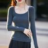 25 Años Principios de Otoño Nuevo Tejido de Lana Fina Cuello en U Manga Larga Color Sólido Corte Ajustado Versátil Camisa Base Superior