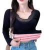 Blusas Quentes para Mulheres no Outono e Inverno, Renda Aveludada e Espessa com Decote V Roupas de Outono, Camisetas Básicas Justas, Tops para Usar por Cima