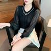 Top de gola redonda com miçangas doce e suave para mulheres, roupa de primavera, slim fit, estilo ocidental, manga de chiffon, costura, suéter de manga comprida