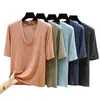 Camiseta Modal Nova Patchwork Gola V Manga Cinco Pontas Feminina Verão Tamanho Grande Elástica Camada Base Solta Casual