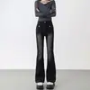 Jeans acampanados negros y grises para mujer, nuevo estilo de otoño, talla grande, de cintura alta, elásticos, adelgazantes, adecuados para cuerpo tipo pera