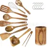Juego de Utensilios de Cocina de Madera de Acacia, Espátula de Madera Maciza con Mango Largo, Cuchara para Sopa, Colador, Espátula para Cocinar, Herramientas de Cocina para el Hogar