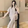 Pijama para Mujer, Primavera y Otoño, Estilo Coreano Ins Algodón Manga Corta Pantalón Largo, Dulce Casual Rayas Conjunto de Ropa de Casa para Niña