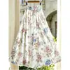 Saia Longa Estampada Floral Nova Estilo Verão Linha A para Mulheres Gola V Francesa Cintura Marcada Elegante Temperamento Saia Estampada