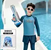 Roupa de Banho Infantil Conjunto de Duas Peças para Meninos Manga Longa Calça Longa Proteção Solar Color Blocking para Crianças Maiores Férias Verão Roupa de Banho Infantil