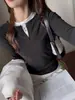 Camiseta de manga larga de imitación de dos piezas para otoño e invierno, camisa básica simple estilo americano para mujer, se puede usar como capa exterior para disimular la grasa corporal