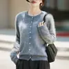 Cardigan de Tricô Casual Simples de Caxemira Escovada para Mulheres, Macio e Quente, Suéter Azul de Lã Sem Costura Peça Única Gola Redonda