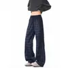 Pantalones a Cuadros Azul Oscuro Retro Americano para Hombre Corte Limpio Casual Micro Acampanados Otoño Invierno Streetwear Pantalones de Pierna Recta Extendida