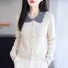 Cardigan de Renda Patchwork Gola Boneca Suéter Feminino Casaco Estilo Suave Petite Curto Peça de Camada Outerwear Tendência