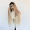 Cor mista 13*4 front lace fibra sintética fosca seda de alta temperatura gradiente pontas brancas cabelo longo liso peruca lace