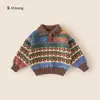 Bangxuan Huzhou Zhili Roupa Infantil Suéter para Meninas Estilo Japonês Fair Isle Roupa de Outono Infantil Listrado Color Blocking Top para Meninos
