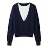 26 Otoño Invierno Nuevo Suave Agradable a la Piel Cachemir Mujer Bloque de Color Falso Dos Piezas Estilo Coreano Manga Larga Suéter Capa Interior Top